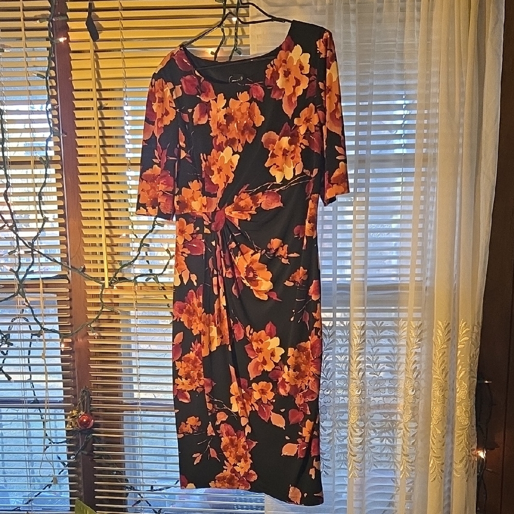 Connected Apparel Black and Orange Floral Midi Dress